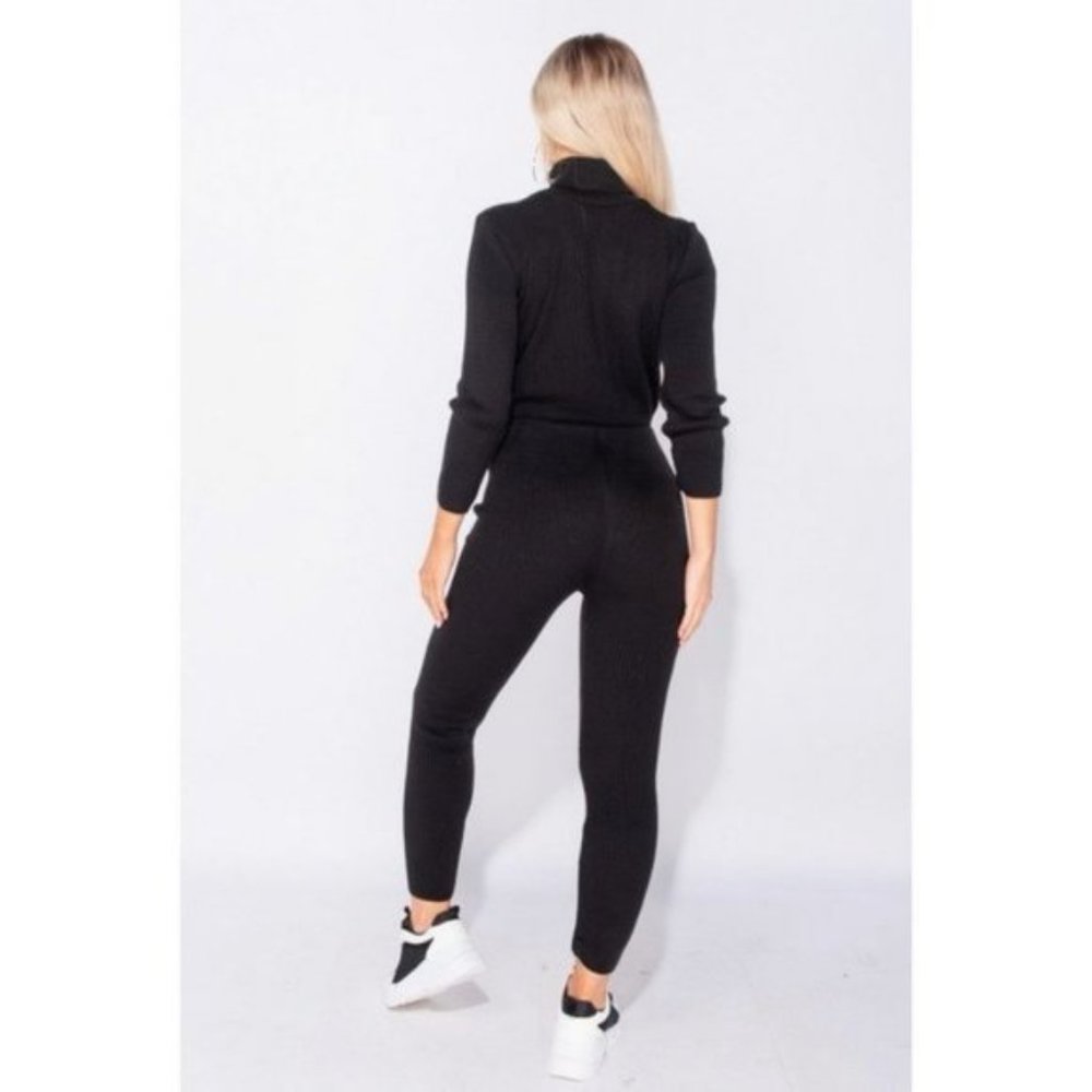 Black Knitted Long Sleeve Turtle Neck Crop Top and Pants Two Piece Set - Picture 7 of 15